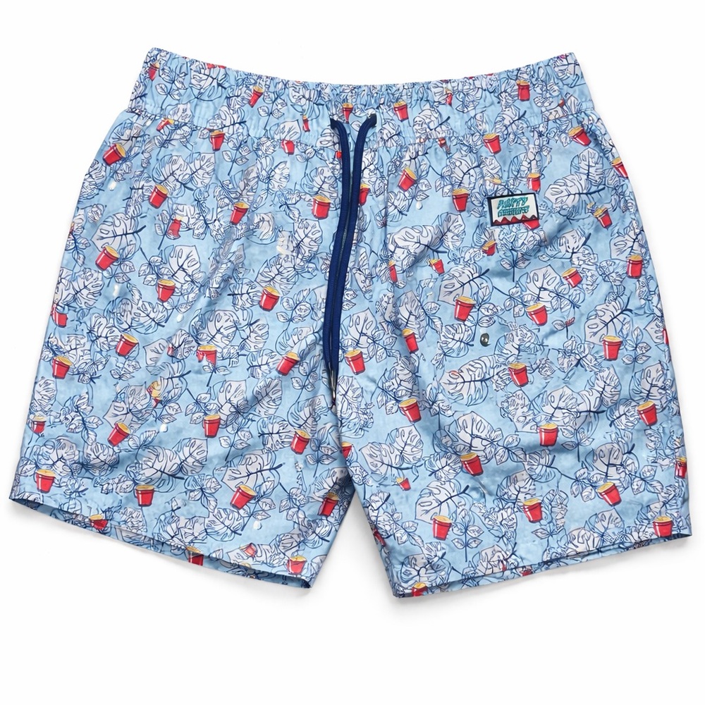 Party Sharks Swim Trunks Blue Red Cup Print Elastic Waist mens large